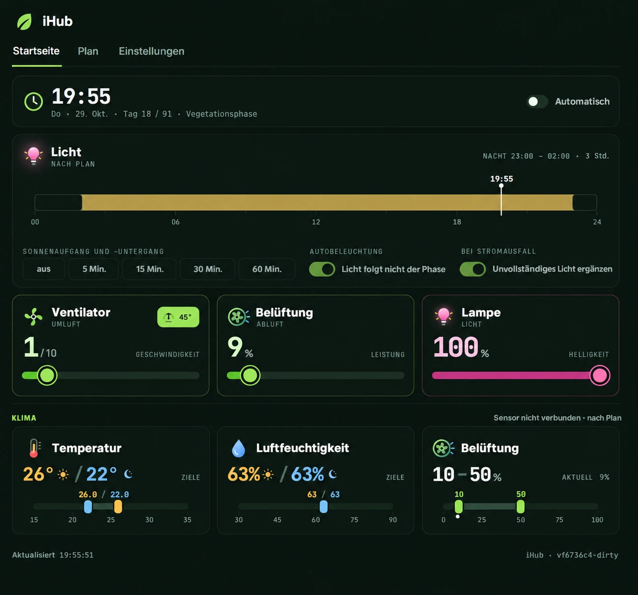 iHub climate control dashboard with lighting, ventilation, temperature and humidity controls